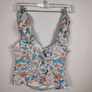EoMenie Women's Floral Ruffle Tankini Set Blue 2 Piece Swimsuit Size L NWT